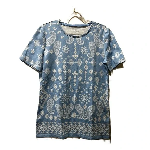 Talbots White and Blue Paisley Women Tee, Small - Picture 1 of 6